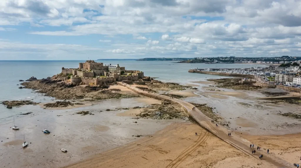 Elizabeth Castle tidal causeway low tide Jersey