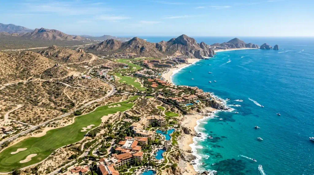 Aerial view of the Tourist Corridor with luxury Cabo resorts between Cabo San Lucas and San José del Cabo