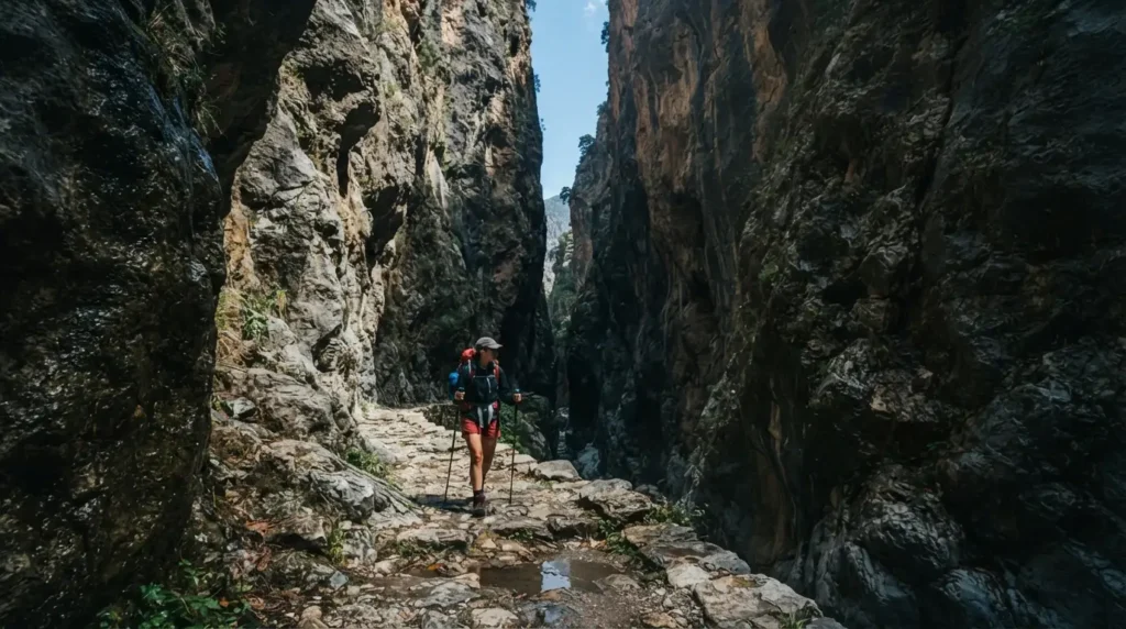 hiker walking through the Iron Gates of Samaria Gorge