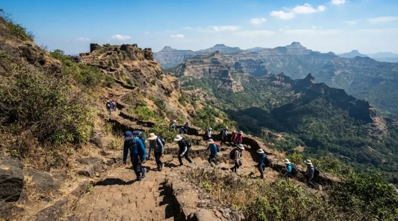 Sinhagad Fort trek route showing stone trail and valley view for a one day trip near Pune