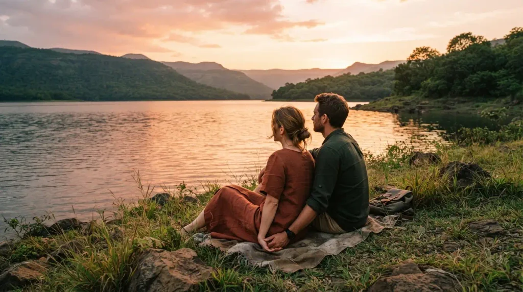 Mulshi Lake calm waters and green hills for a peaceful one day trip near Pune for couples
