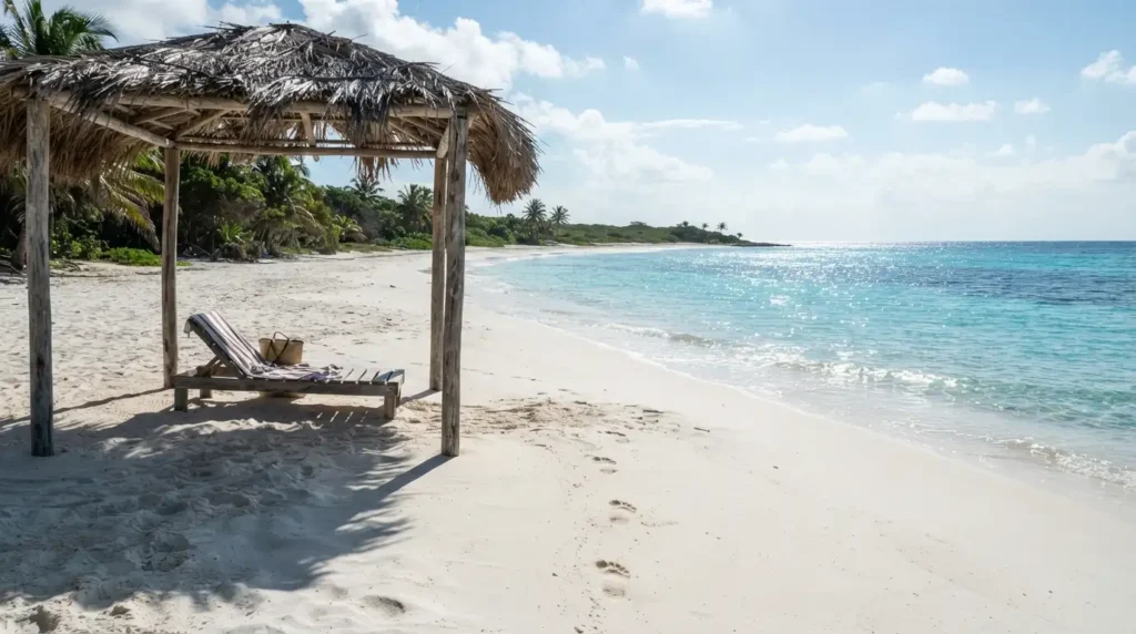 Beach in Mexico turquoise Caribbean water and white sand coastline