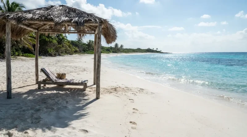 Beach in Mexico turquoise Caribbean water and white sand coastline