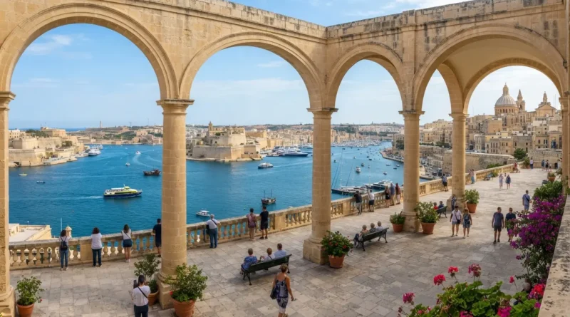 Upper Barrakka Gardens view over Grand Harbour, Valletta Malta
