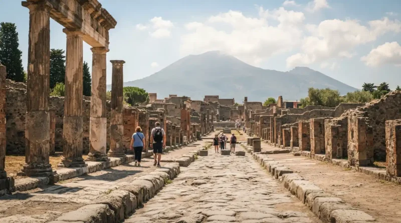 Naples Italy day trips Pompeii ruins with Mount Vesuvius in background