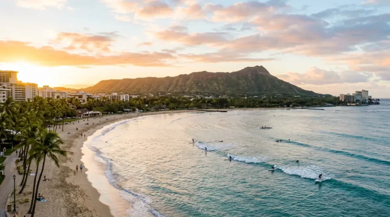 Waikiki Beach and Diamond Head at sunrise on Oahu, with surfers on calm morning water