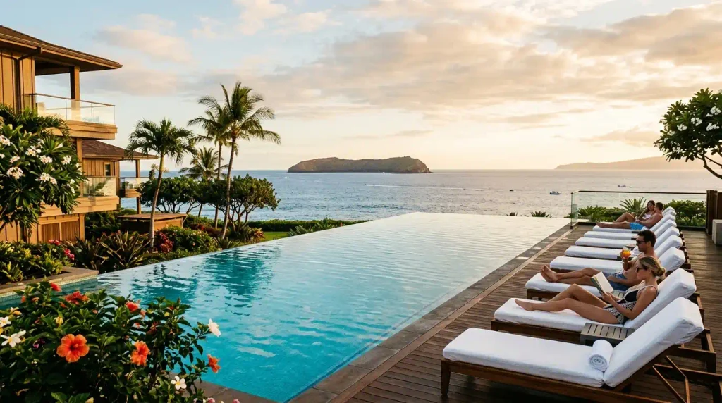 Infinity pool at a Wailea luxury resort on Maui overlooking the ocean, an example of a Hawaii luxury vacation