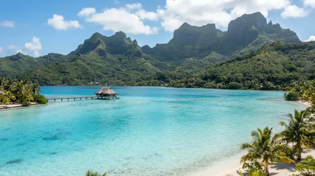 Best summer vacation spot — turquoise lagoon with overwater bungalow surrounded by green mountains