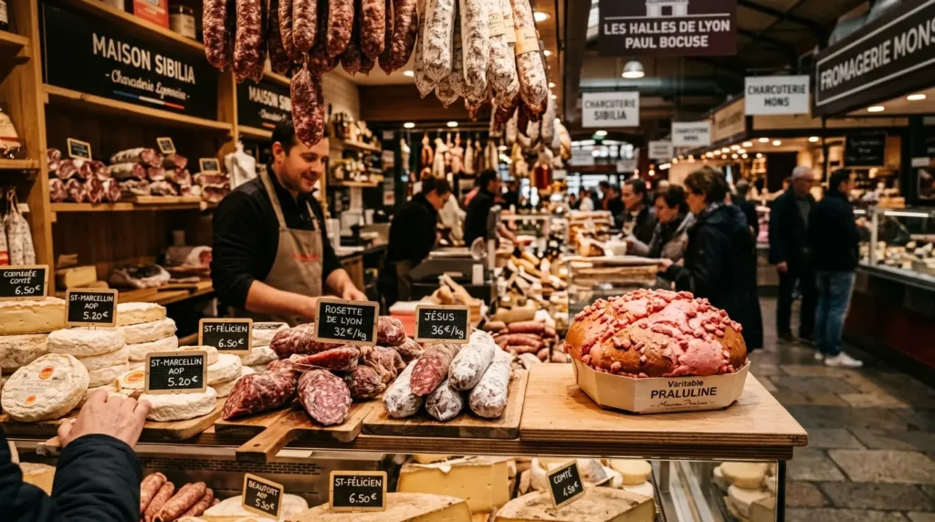 Praline brioche and cheese stall at Les Halles de Lyon Paul Bocuse, a top Lyon food attraction