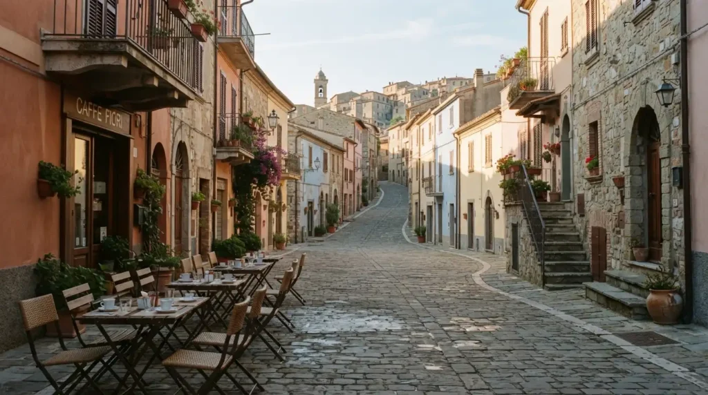 Underrated vacation spot quiet cobblestone old town street in early morning light
