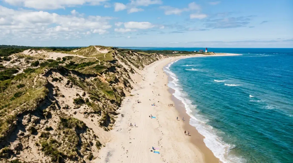 Aerial view of a Cape Cod National Seashore beach with dunes and a distant lighthouse