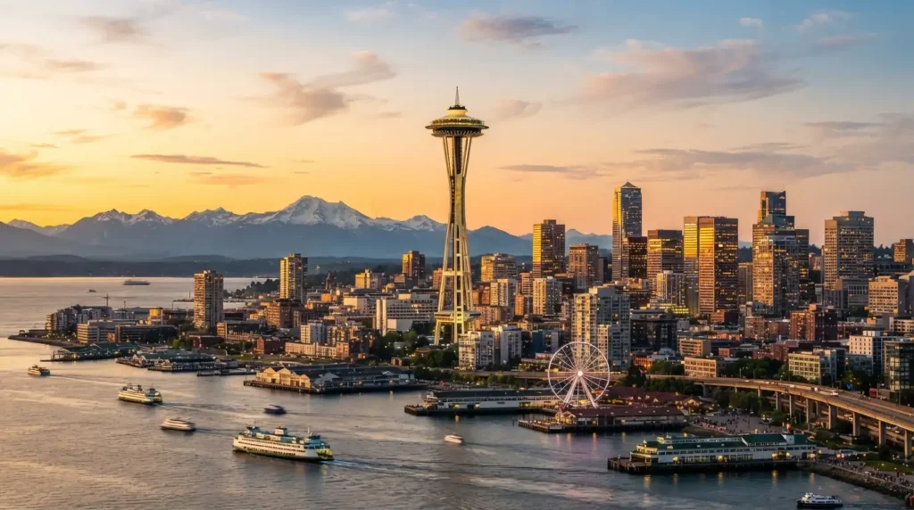 Space Needle downtown Seattle skyline view at sunset