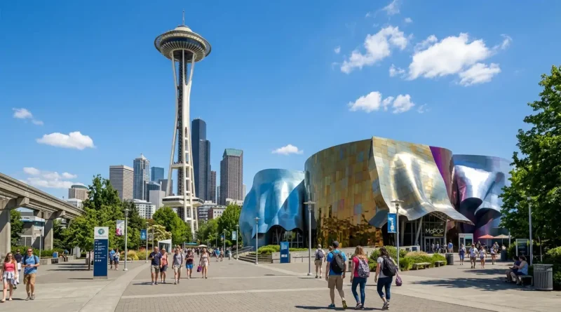 Space Needle and MoPOP building at Seattle Center, top Seattle tourist attractions