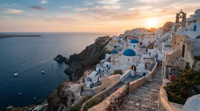 Top vacation spot for couples — cliffside Mediterranean village at sunset overlooking the sea