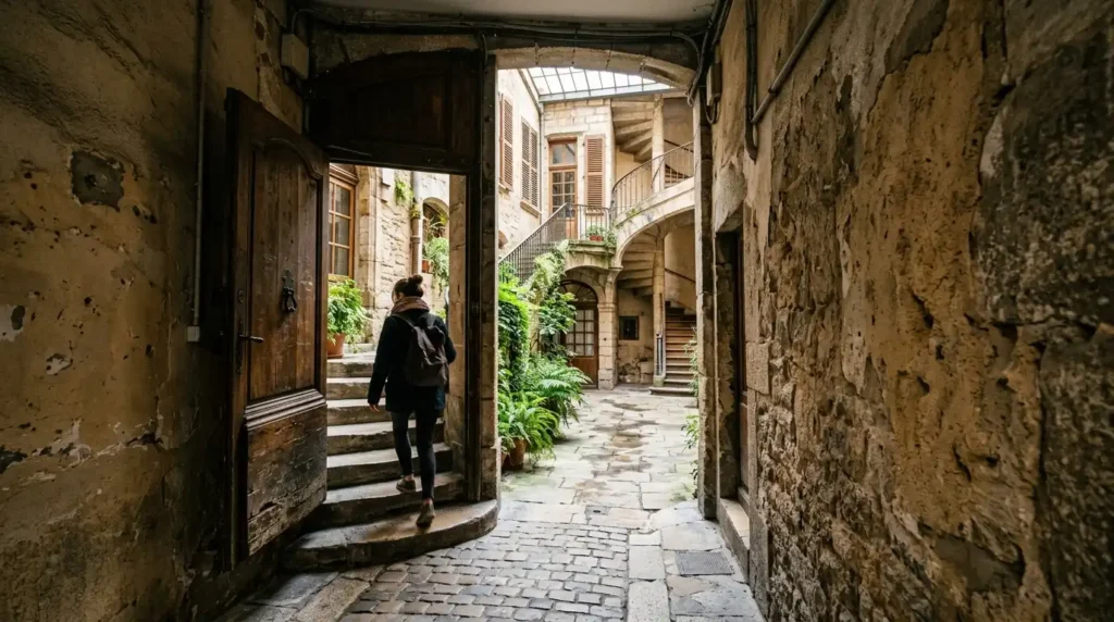 Hidden traboule passageway in Vieux Lyon, a must see hidden gem in Lyon