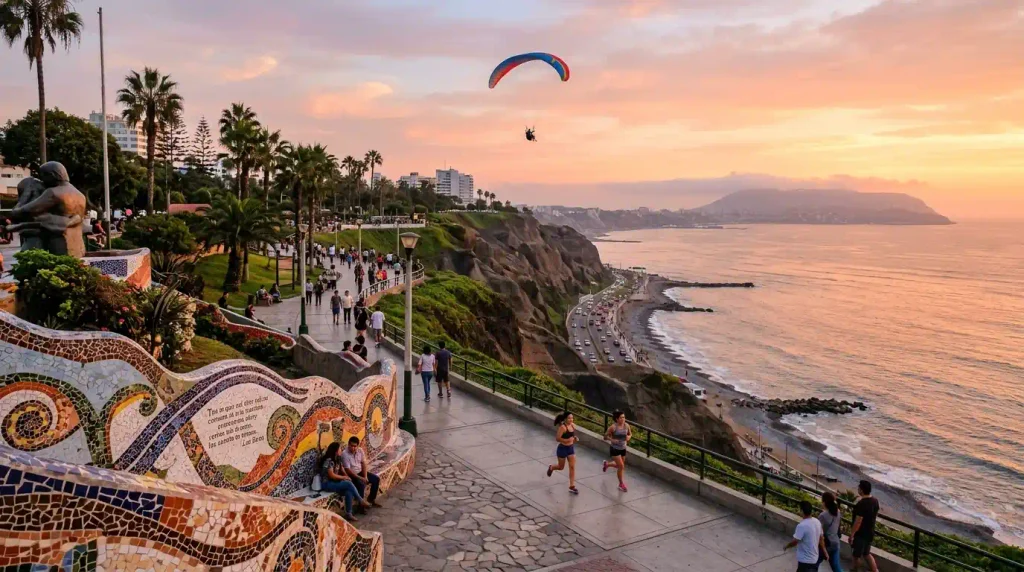 Paraglider flying over the Malecón de Miraflores near Love Park at sunset in Lima, Peru