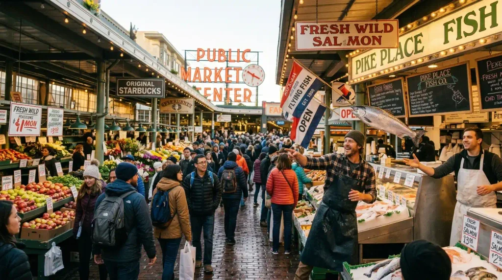 Morning crowd and fish market vendor at Pike Place Market in Seattle