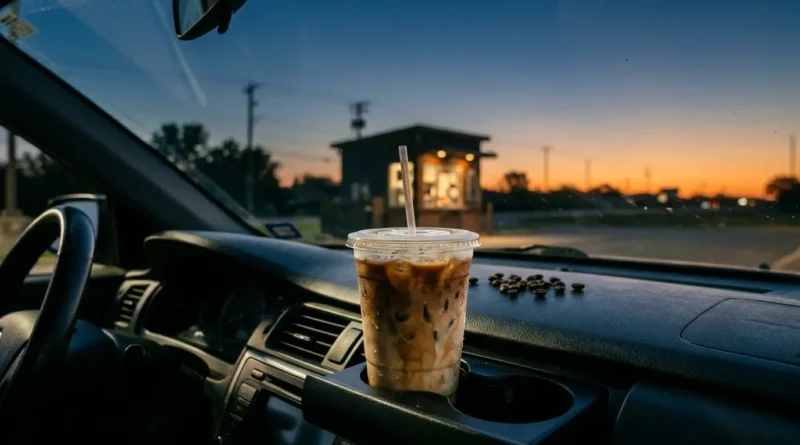 Iced latte in a car cupholder at sunrise near a drive-thru coffee stand
