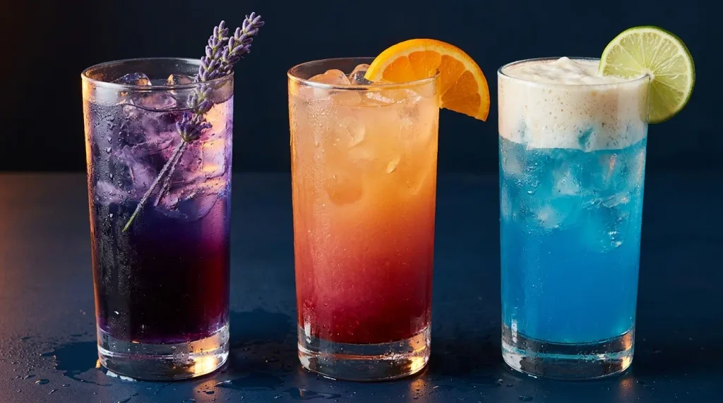 Three layered fruit energy drinks in clear glasses with ice and fruit garnish