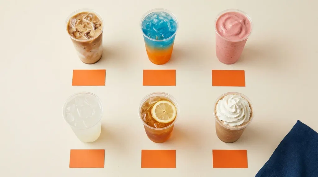 Six cafe drinks in clear cups with blank price cards arranged in a grid