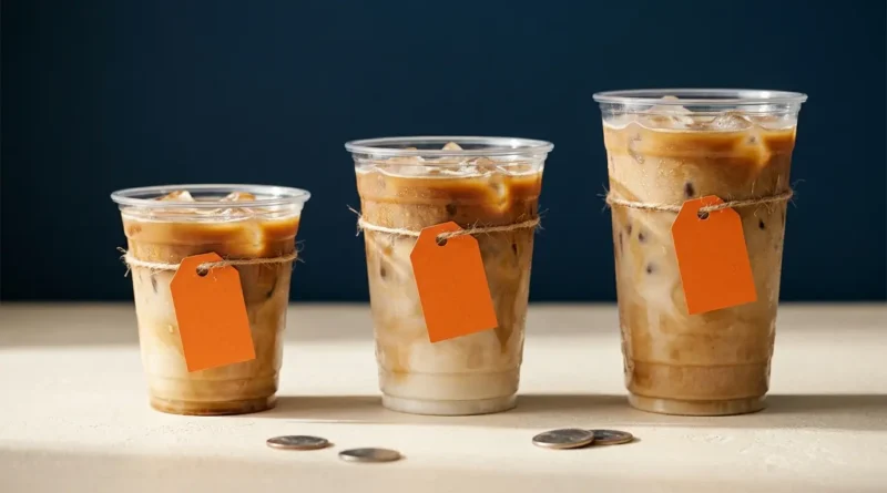 Small, medium and large iced coffee cups with blank price tags on a counter