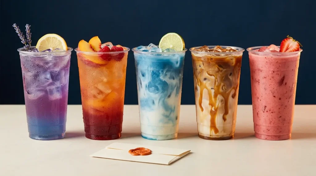 Five layered custom drinks in clear cups lined up for a 7 Brew secret menu guide