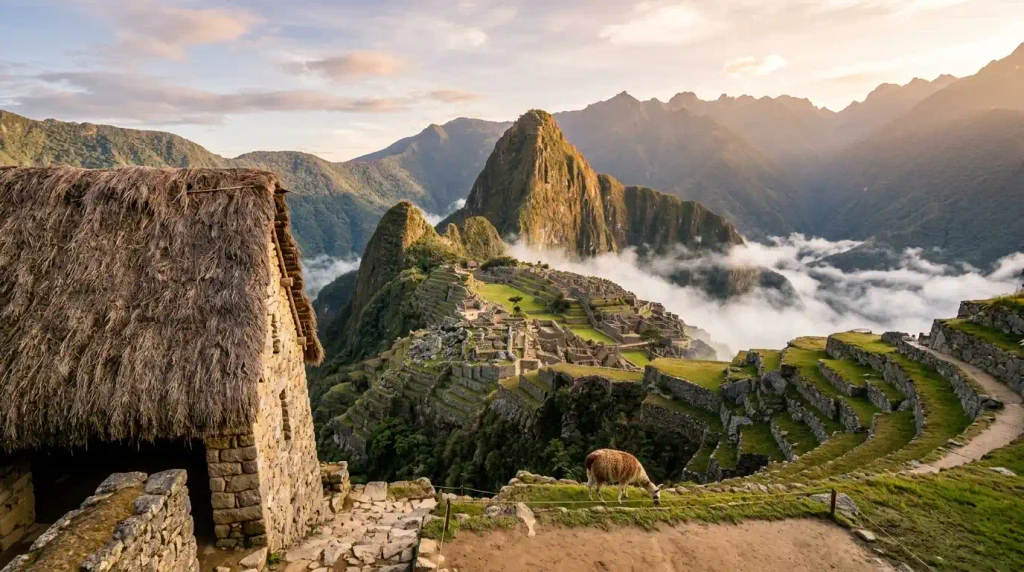 Machu Picchu Guardhouse postcard view with Huayna Picchu and morning mist on a guided tour
