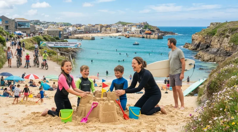 Parents and children on a sandy Cornwall beach between a swim and a picnic