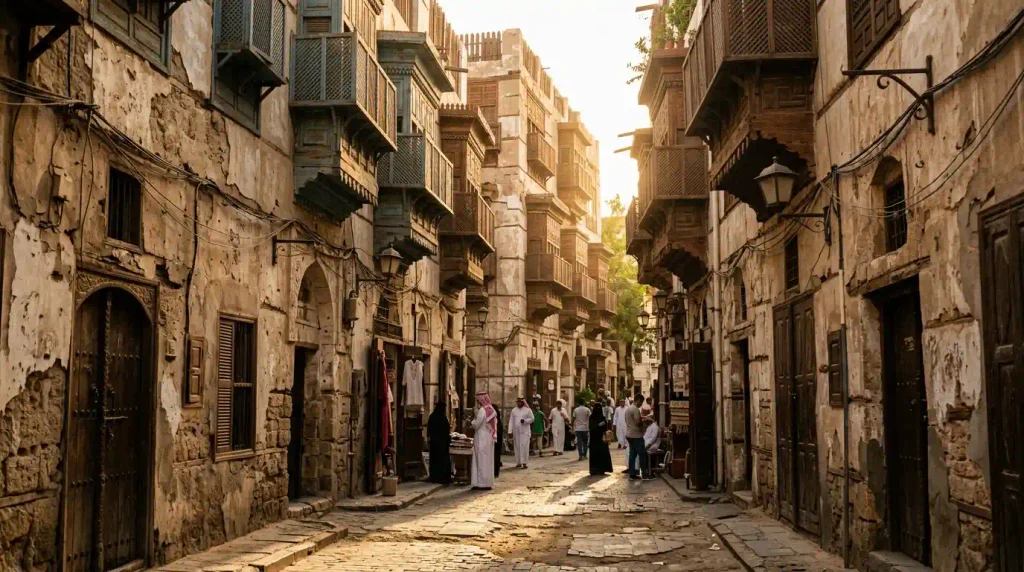 Coral stone lane and mashrabiya screens in Al Balad Jeddah