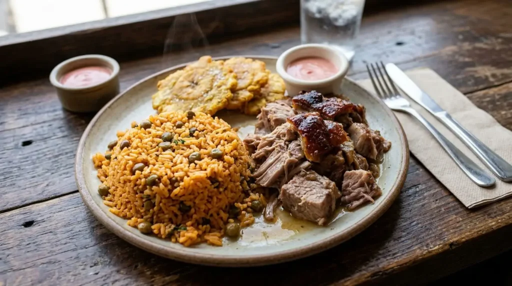 Puerto Rico food plate of rice pork and plantains