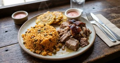 Puerto Rico food plate of rice pork and plantains