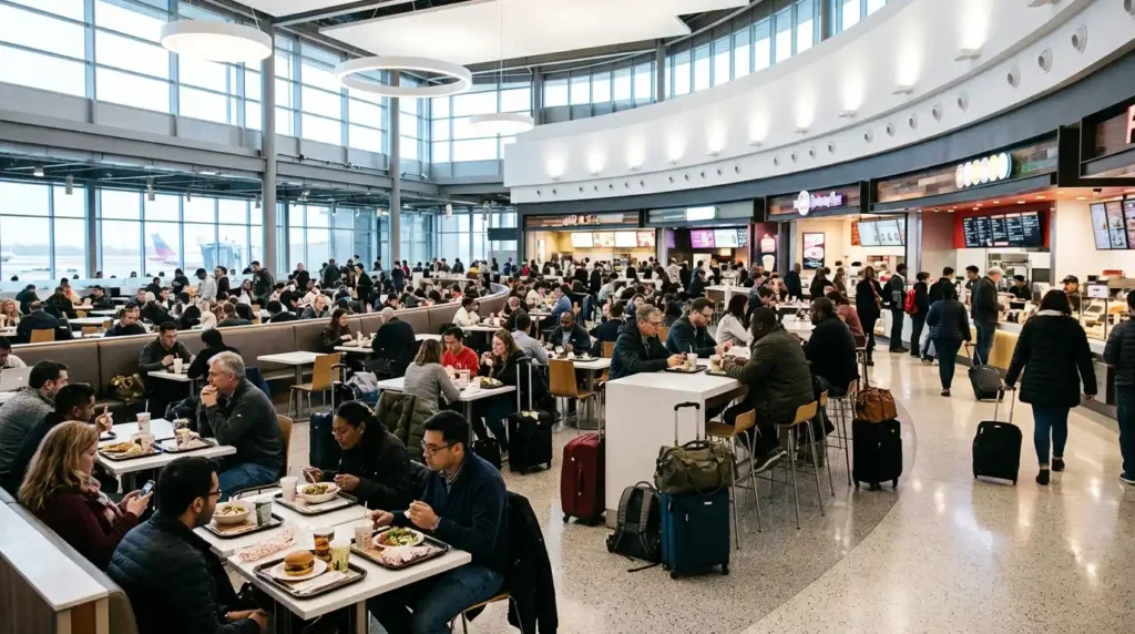 Atlanta airport food court with diners and luggage