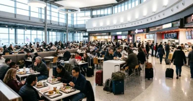 Atlanta airport food court with diners and luggage