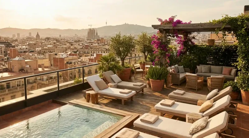 Rooftop terrace at a barcelona boutique hotel with city views