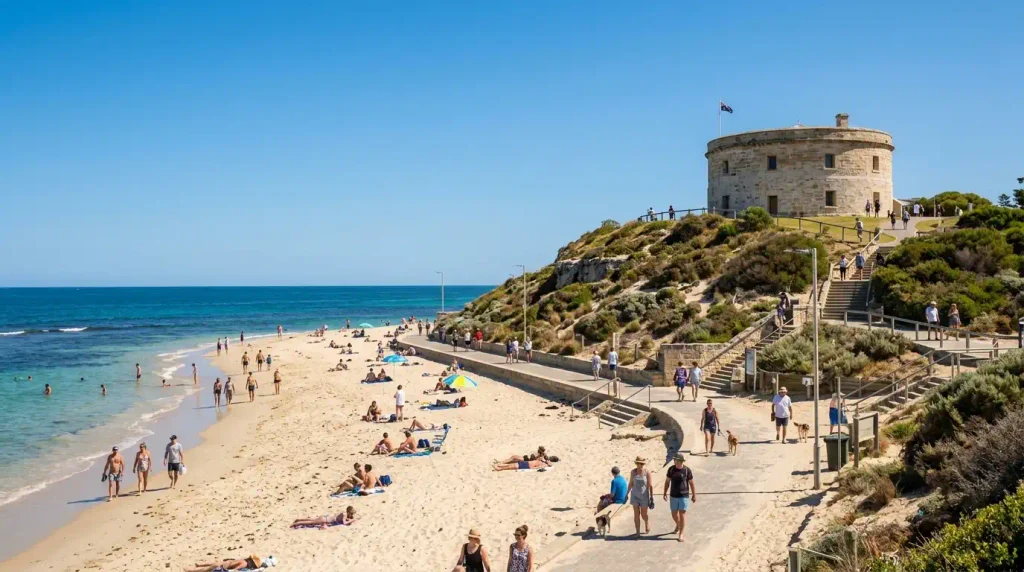 Bathers Beach and the Round House in Fremantle