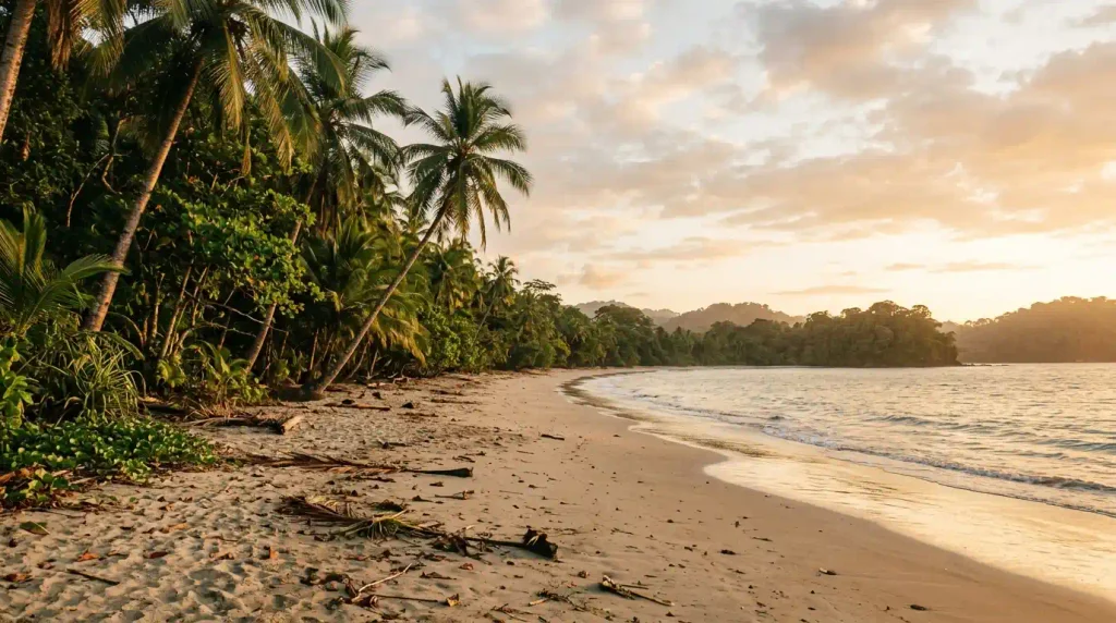 Beach and forest edge at Manuel Antonio National Park in late afternoon
