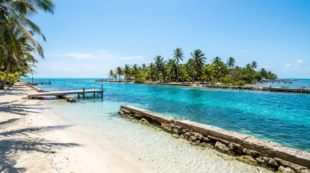 Beach in Belize showing clear turquoise water at The Split on Caye Caulker