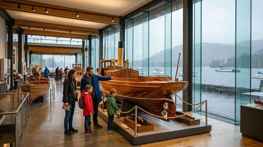 Restored steamboats inside Windermere Jetty Museum on a rainy day with lake views