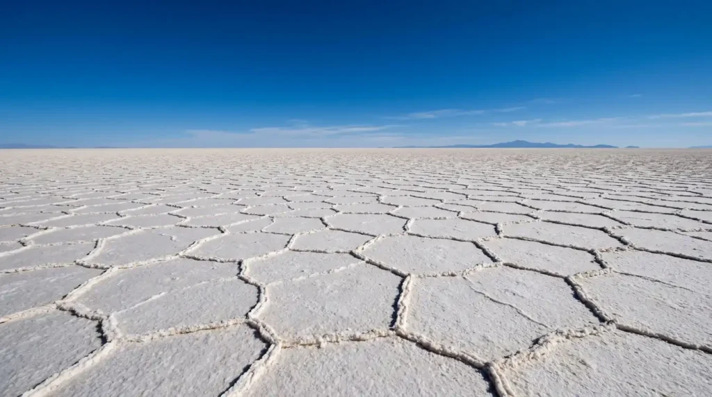 Salar de Uyuni salt flats under a blue sky with hexagonal patterns