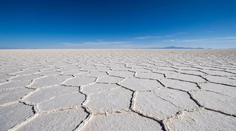 Salar de Uyuni salt flats under a blue sky with hexagonal patterns