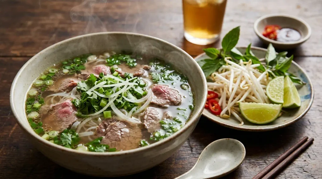 Bowl of phở with herbs and lime showing classic Vietnamese noodle soup