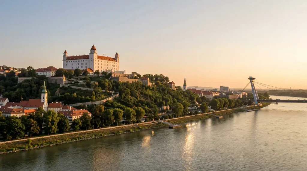 Bratislava Castle on the hill above the river in late afternoon light