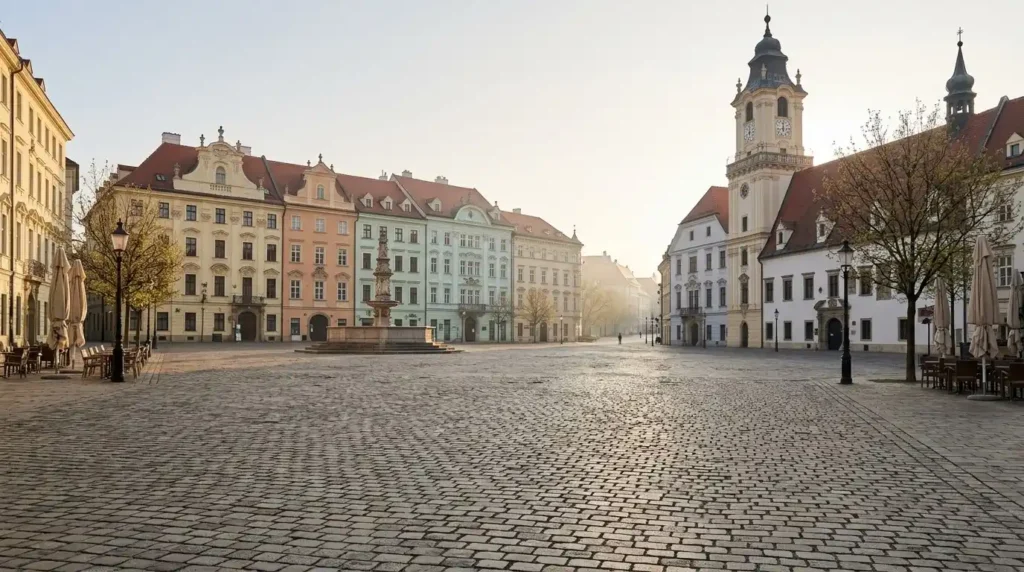 Bratislava day trip view of the main square and pastel buildings in morning light