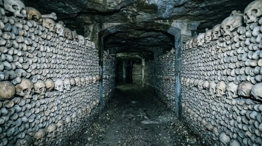 Stacked bones along the path on a catacomb paris tour