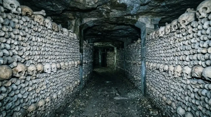 Stacked bones along the path on a catacomb paris tour