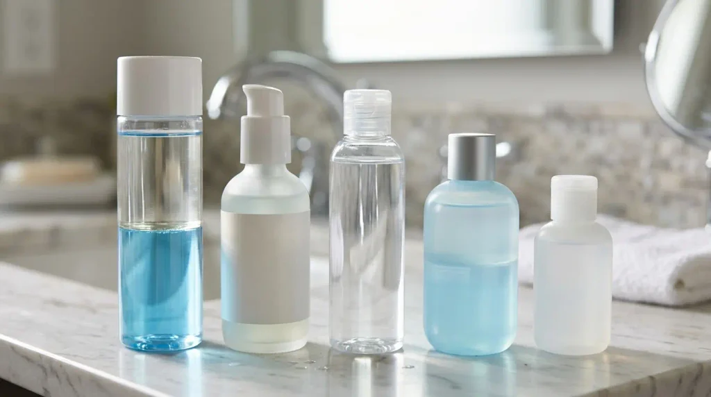 Collection of waterproof mascara remover bottles on a counter