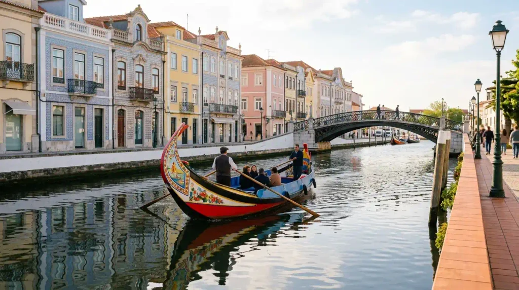 Colorful moliceiro boat on an Aveiro canal, a classic stop on Porto Portugal day trips