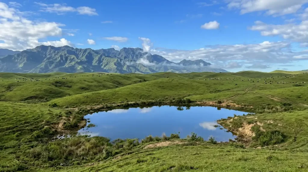 Communal Ranch grasslands and mountain views with pond in Impasug-ong Bukidnon