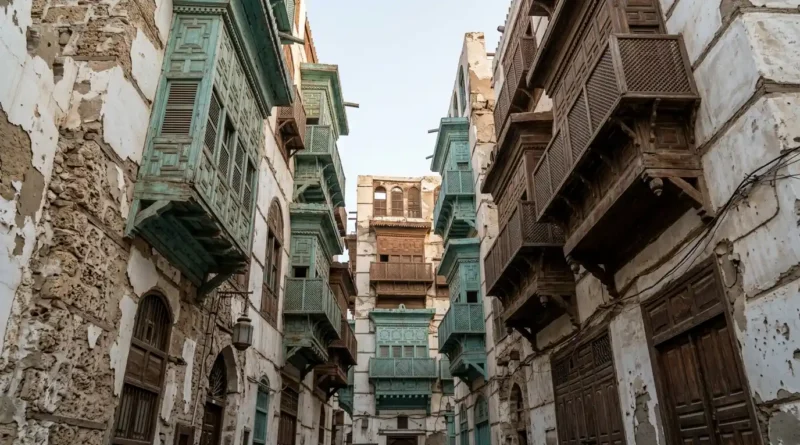 Coral stone houses and wooden balconies in Al Balad, Jeddah