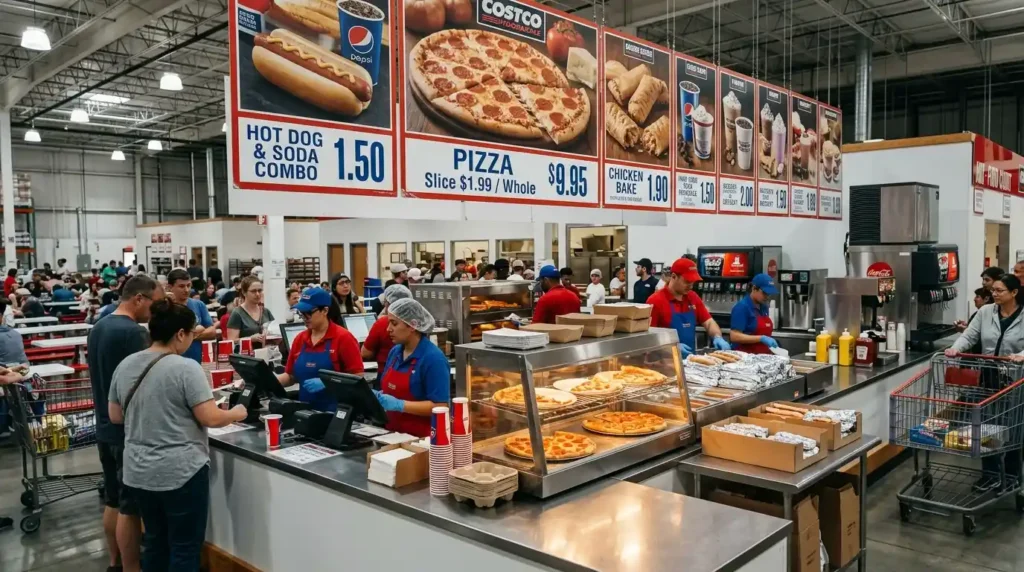 Costco food court counter with pizza and hot dogs